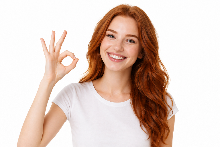 cheerful-redhead-girl-with-clean-skin-white-teeth-smiling-showing-ok-okay-sign-praise-good-choice-standing-white