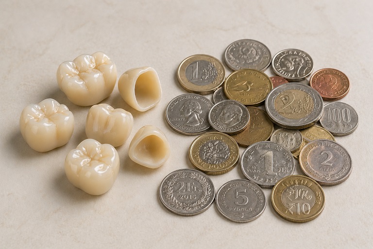 Cirkon keramičke krune i metalni novac pored njih na svetloj pozadini