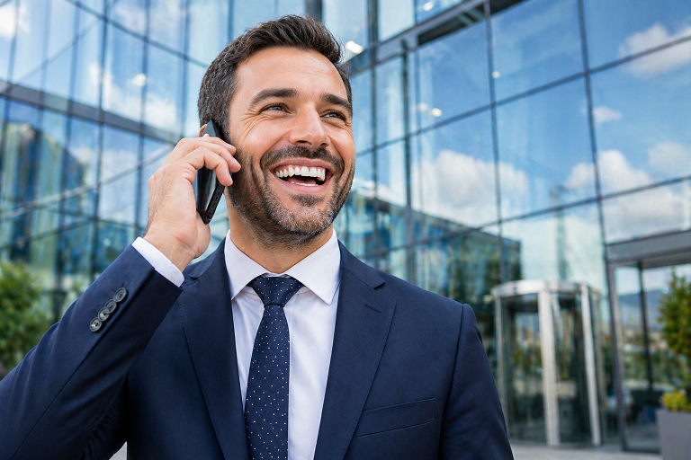 Covek tamnije kose u odelu ispred staklene zgrade prica telefonom i siroko se smeje