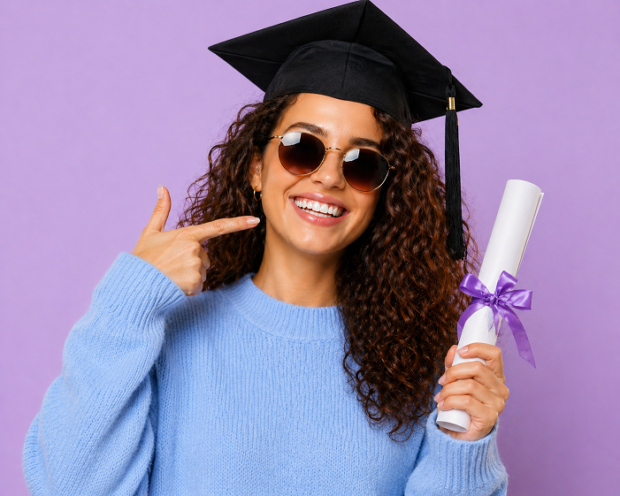 Crnokosa devojka pokazuje na lepe zube i drzi diplomu drugom rukom