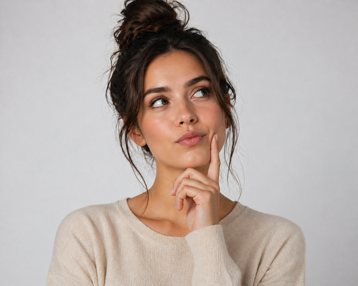 Devojka crne kose gleda u stranu i drzi prst na bradi kao da se nesto pita