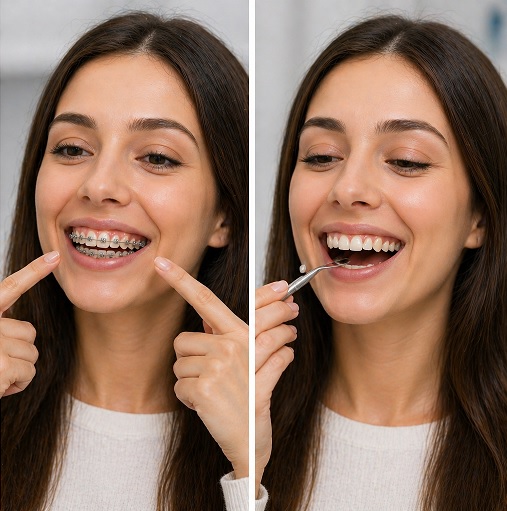 Devojka crne kose na jednoj sliki nosi fiksnu protezu, na drugoj se smeje bez fiksne proteze