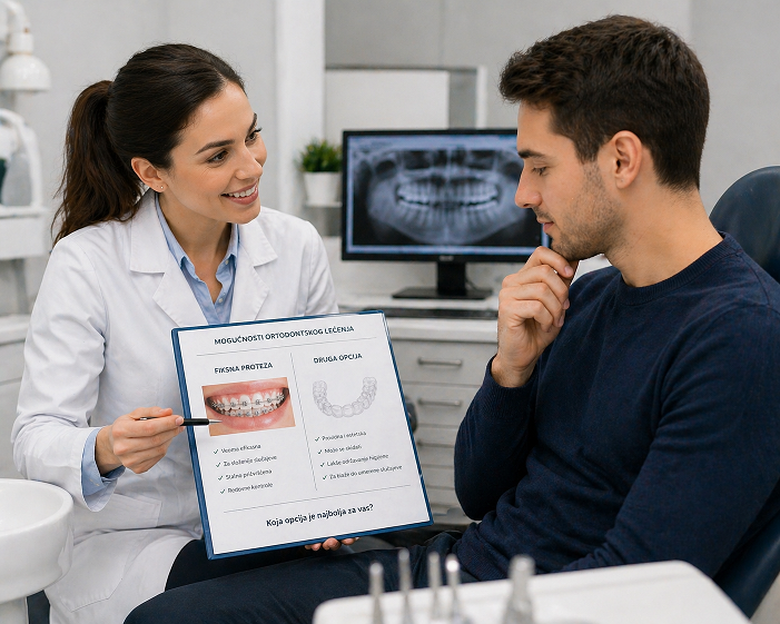 Doktorka prezentuje plan terapije pacijentu gde pise sa jedne strane fiksna proteza, sa druge pise druga opcija