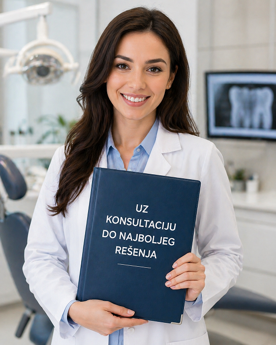 Doktorka crne kose drzi fasciklu na kojoj pise uyz konsultaciju do najboljeg resenja
