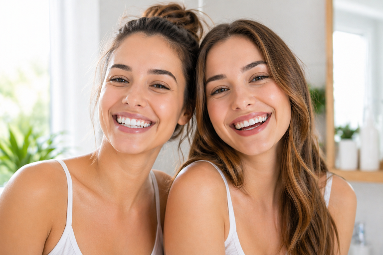 Dve devojke brinete se siroko smeju i vide se jako lepi beli zubi