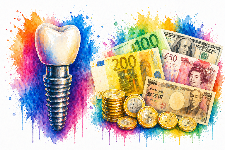 3D prikaz zubnog implanta i sa druge strane razlicite papirne valute i kovanice