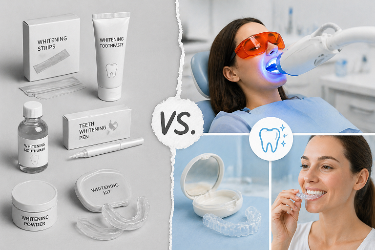 Izbeljivanje kod kuce i u ordinaciji uporedni prikaz, kako je bolje sa desne strane, dok sa leve strane stoje preparati koji se kupuju u prodavnicama