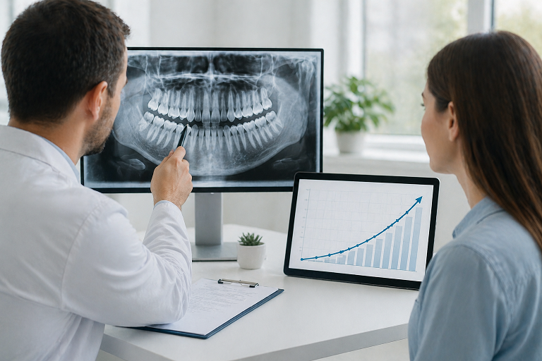 Lekar objasnjava pacijentu snimak zuba na ekranu kompjutera, pored je tablet sa grafikonom