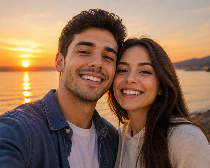 Momak i devojka se zadovoljno smeju iza njih je zalazak sunca