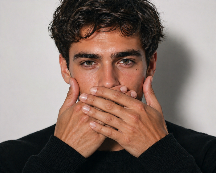 Muskarac crne kose krije sakama oosmeh