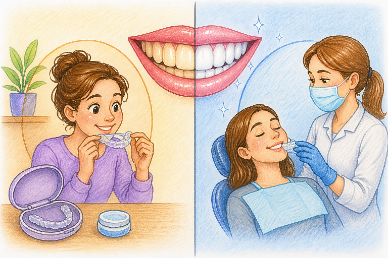 Slika crtez kucno i profesionalno izbeljivanje zuba devojka levo sama beli zube a desno joj izbeljuje doktorka
