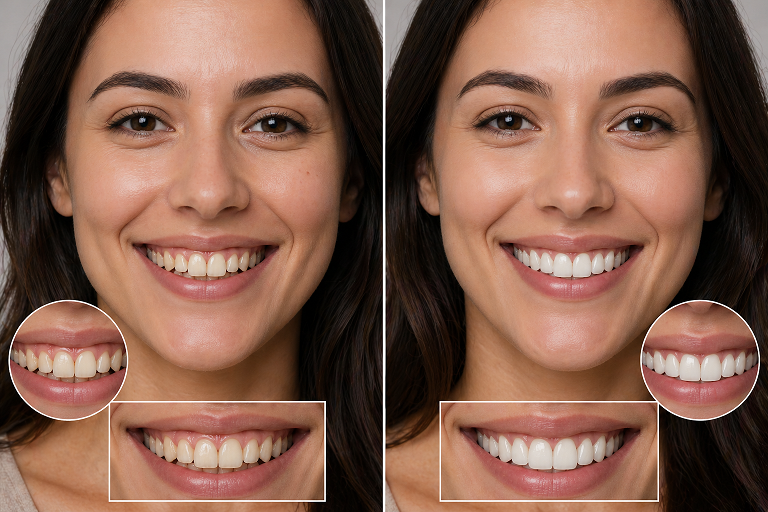 Slika devojke pre i posle izbeljivanja zuba