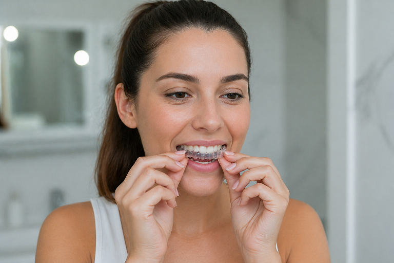 Zena crne kose postavlja kalup za izbeljivanje zuba ispred ogledala