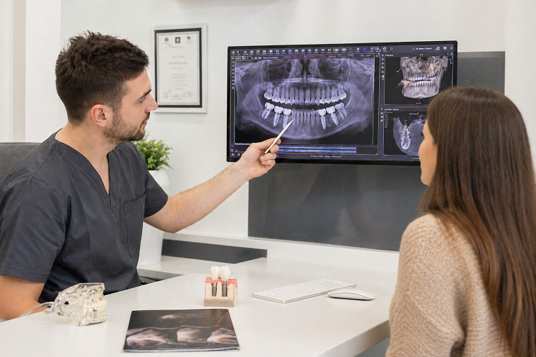 Doktor objasnjava mladoj pacijentkinji na ekranu snimak zuba i implante