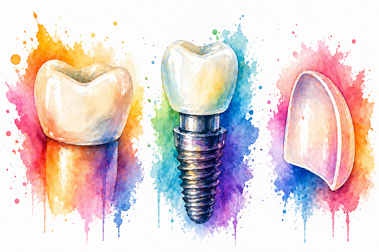 Umetnicki prikaz krune na zubu, na implantu i zubnog vinira