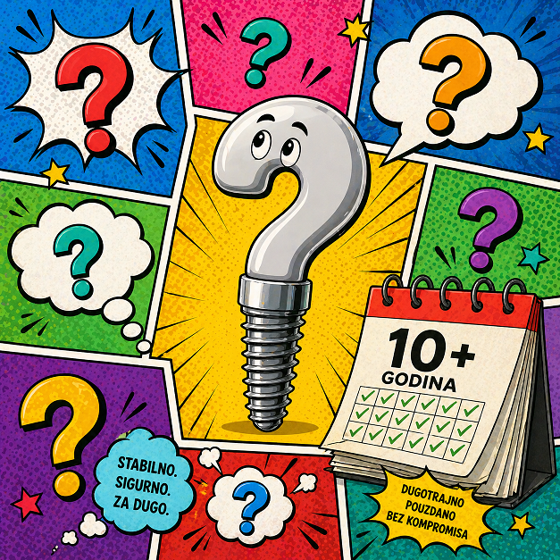 Crtez implanta koji je u formi upitnika, izgled stripa i kalendar u uglu sa brojem 10+