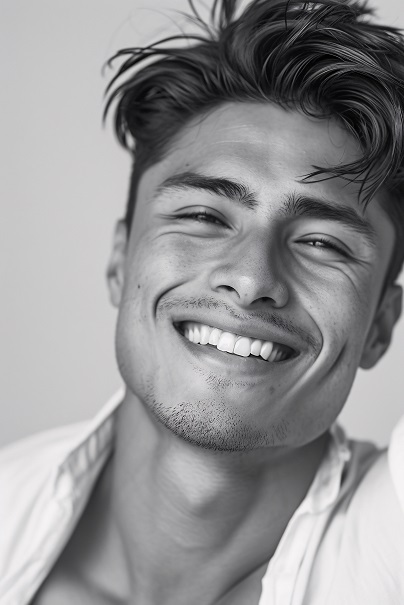 crno bela slika muskarca u beloj kosulji kako se siroko smeje i dominiraju beli zubi