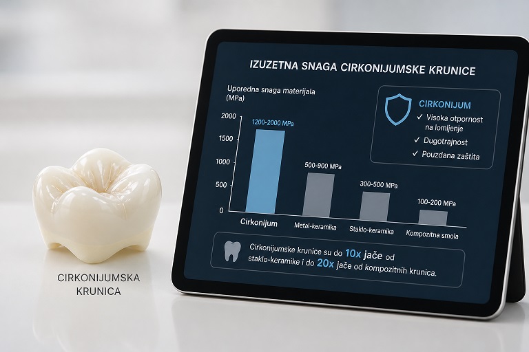 Cirkonijumske krunice su među najtraženijim rešenjima kada je cilj da zub izgleda elegantno, skladno i prirodno, a da istovremeno bude funkcionalno zaštićen. Njihova popularnost nije nastala slučajno. One spajaju čvrstinu, preciznost i estetiku na način koji pacijentima daje ono što najviše žele - lepši osmeh bez osećaja da nose "navlaku" koja se vidi iz daljine. Šta su cirkonijumske krunice Cirkonijumska krunica je protetska navlaka koja prekriva oštećen, oslabljen ili estetski nezadovoljavajući zub. Njena uloga nije samo da popravi izgled, već i da vrati stabilnost i funkciju zuba. Kada je prirodna krunica zuba istrošena, napukla, tamna ili značajno rekonstruisana plombama, ovo može biti veoma elegantno rešenje. Za razliku od starijih metalokeramičkih varijanti, cirkonijum ne ostavlja tamnu ivicu uz desni i daje znatno prirodniji vizuelni utisak. To je posebno važno kod prednjih zuba, gde se svaka sitnica primećuje. Kod pacijenata koji vode računa o celokupnom utisku lica i osmeha, upravo ta prirodnost pravi veliku razliku. Vodič za cirkonijumske krunice - kada su pravi izbor Nisu svake krunice za svakoga, ali postoje situacije u kojima su cirkonijumske krunice vrlo često najbolji izbor. To su slučajevi kada je zub oslabljen nakon lečenja, kada postoji veliko oštećenje, kada stari radovi više ne izgledaju lepo ili kada pacijent želi estetski skladniji osmeh. One se često preporučuju i kada je važno postići prirodnu boju i prozračnost zuba, posebno u zoni osmeha. Ako vam smeta oblik, boja ili opšti utisak pojedinih zuba, a zub nije kandidat za vinire, krunica može biti logičniji put. Kod implantoloških rešenja, cirkonijumske krunice su takođe čest izbor jer pružaju visoku estetiku i stabilnost. Ipak, postoji ono važno "zavisi". Nekada pacijent dođe sa idejom da želi krunice, a zapravo su viniri bolje rešenje jer čuvaju više prirodnog zubnog tkiva. U drugim slučajevima zub je toliko oštećen da krunica nije estetski hir, već neophodna zaštita. Pravi plan se ne bira po trendu, već po stanju zuba, zagrizu i cilju koji želite da postignete. Zašto pacijenti biraju cirkonijum umesto drugih opcija Prvi razlog je izgled. Cirkonijumske krunice daju vrlo prirodan rezultat, bez sivih tonova i bez metalnog odsjaja. Osmeh deluje sveže, uredno i negovano, ali ne i prenaglašeno. Za mnoge pacijente upravo je to najvažnije - da promena bude vidljiva, ali sofisticirana. Drugi razlog je osećaj sigurnosti. Kada je krunica dobro planirana i precizno izrađena, pacijent dobija stabilnost pri žvakanju i svakodnevnom funkcionisanju. Nema neprijatnog osećaja da se zub "čuva" ili da morate da razmišljate kako grizete. Treći razlog je dugotrajnost. Cirkonijum je poznat po čvrstini, ali to ne znači da je neuništiv. Trajnost zavisi od kvaliteta izrade, oralne higijene, navika poput škrgutanja zubima i redovnih kontrola. Drugim rečima, materijal jeste vrhunski, ali rezultat uvek zavisi i od toga kako se rad planira i održava. Kako izgleda postupak Pacijenti često očekuju komplikovan proces, a u praksi je sve mnogo jednostavnije kada se radi uz dobar plan. Prvi korak je pregled, procena stanja zuba i razgovor o očekivanjima. Ovo je važan trenutak jer nije isto da li želite samo da sačuvate zub, da poboljšate estetiku jednog zuba ili da menjate celokupan utisak osmeha. Nakon toga sledi priprema zuba i uzimanje otiska ili digitalno skeniranje, u zavisnosti od pristupa ordinacije. Privremeno rešenje se često postavlja kako biste u prelaznom periodu imali uredan izgled i zaštitu. Zatim se izrađuje finalna krunica koja se proba, koriguje po potrebi i potom cementira. Sam postupak nije isti kod svakog pacijenta. Nekada je dovoljna jedna krunica da osmeh izgleda skladnije. Nekada se radi više zuba kako bi boja, oblik i proporcije bile potpuno ujednačene. Upravo tu se vidi razlika između pukog postavljanja krunice i pažljivo vođene estetske transformacije. Da li cirkonijumske krunice izgledaju prirodno Kratak odgovor je - da, ako su dobro indikovane i kvalitetno urađene. Prirodnost ne zavisi samo od materijala, već i od nijanse, oblika, transparentnosti, linije desni i sklada sa ostatkom lica. Zub može biti tehnički savršen, a da ipak ne izgleda lepo ako ne prati proporcije osmeha. Zato pacijenti koji žele estetski vrhunski rezultat ne bi trebalo da gledaju samo cenu ili brzinu izrade. Najlepši osmeh nije nužno najsvetliji osmeh. Ponekad je diskretnija nijansa mnogo luksuznija i prirodnija. Isto važi i za oblik - previše pravilni zubi mogu delovati neprirodno, dok blago personalizovan oblik daje bolji finalni utisak. Koliko traju i kako se održavaju Jedno od najčešćih pitanja u svakom vodiču za cirkonijumske krunice jeste koliko dugo mogu da traju. Realan odgovor je godinama, često veoma dugo, ali bez obećanja koja zvuče predobro da bi bila istinita. Krunica nije komad nakita koji stoji sam za sebe - ona zavisi od zuba ili implanta na kojem se nalazi, stanja desni i vaših navika. Održavanje nije komplikovano, ali mora biti dosledno. Redovno pranje zuba, čišćenje međuzubnih prostora i kontrole kod stomatologa su osnova. Ako ste skloni stiskanju ili škrgutanju zubima, lekar može preporučiti dodatnu zaštitu, jer preopterećenje može skratiti vek i prirodnim zubima i protetskim radovima. Važno je i da ne odlažete kontrole kada primetite nelagodnost, osećaj pritiska ili promene uz desni. Mali problem se mnogo lakše rešava na vreme nego kada postane ozbiljan. Cirkonijumske krunice, viniri ili implant Ovo je česta dilema, posebno kod pacijenata koji žele istovremeno i lepši i sigurniji osmeh. Ako zub postoji, ali mu treba estetska i funkcionalna obnova, krunica može biti pravo rešenje. Ako je problem pre svega u obliku i boji prednjih zuba, a zub je očuvan, keramički viniri mogu biti nežnija opcija. Ako zub nedostaje, tada se priča menja i implant postaje osnova za vraćanje funkcije i izgleda. Nema univerzalnog odgovora, jer cilj nije da se uradi najpopularnija procedura, već ona koja vam zaista odgovara. Nekada se ove metode i kombinuju. Na primer, implant u jednoj regiji, cirkonijumska krunica na oslabljenom zubu i viniri na prednjim zubima mogu zajedno dati vrlo skladan rezultat. Cena i ono što zaista plaćate Kada pacijenti pitaju za cenu, zapravo najčešće pitaju koliku vrednost dobijaju. Kod cirkonijumskih krunica ne plaća se samo materijal. Plaća se planiranje, preciznost, estetika, prilagođavanje zagrizu i rezultat koji treba da traje i izgleda lepo svaki dan, ne samo prvih nekoliko fotografija nakon tretmana. Najjeftinije rešenje retko je i najisplativije ako ubrzo zahteva korekcije ili ne daje prirodan izgled. Sa druge strane, ni najskuplje nije automatski najbolje ako nije dobro indikovan tretman. Zato je kvalitetna procena važnija od brzih obećanja. Kome je najviše stalo do ovog rešenja Cirkonijumske krunice posebno privlače pacijente koji ne žele kompromis između estetike i funkcije. To su ljudi kojima je važno kako osmeh izgleda na poslovnom sastanku, na porodičnim fotografijama i u svakodnevnim razgovorima. To su i pacijenti koji su dugo odlagali rešavanje problema jer nisu hteli da završe sa osmehom koji izgleda previše obrađeno. Upravo zato se u savremenoj ordinaciji, kao što je Dentalia, plan ne svodi samo na jedan zub. Gleda se lice, linija osmeha, boja tena, položaj usana i opšti utisak. Kada se funkcionalna stomatologija spoji sa estetskim osećajem, rezultat nije samo saniran zub, već osmeh koji izgleda prirodno i samouvereno. Ako razmišljate o promeni, najbolji trenutak nije onda kada problem postane hitan, već kada odlučite da svom osmehu date rešenje koje će vam zaista prijati svaki dan.