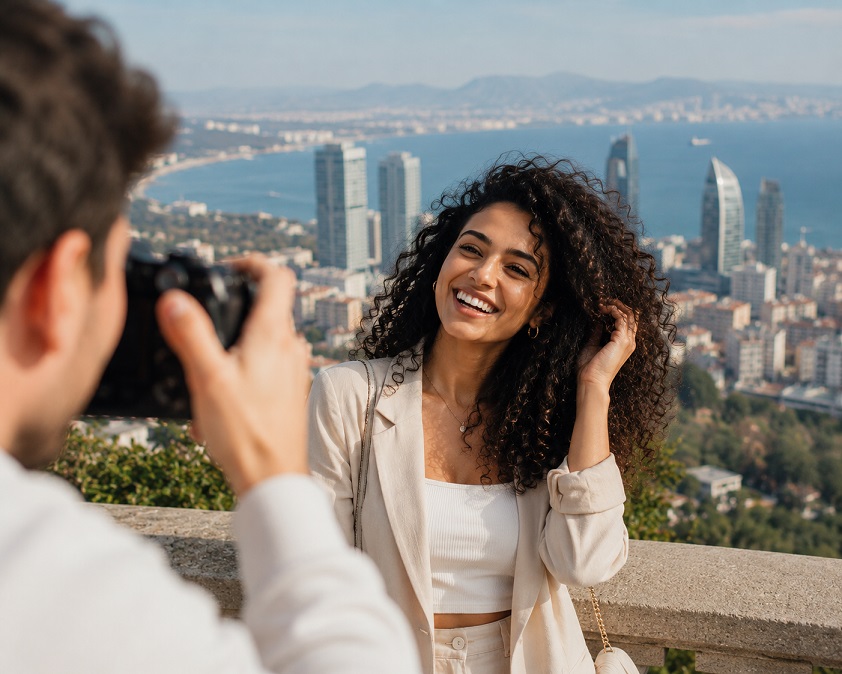 Devojka crne kose pozira ispred vidikovca fotografu do izrazaja dolaze njeni beli zubi