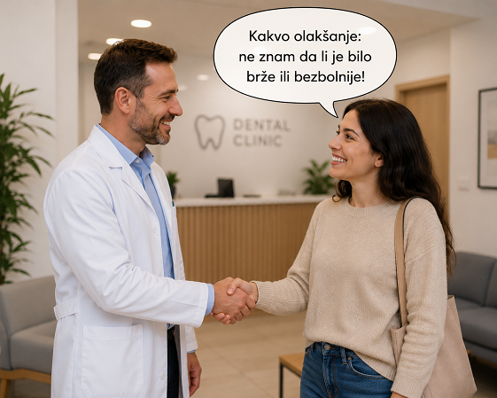 Devojka se pozdravlja sa doktorom u cekaonici i kaze kakvo olaksanje ne znam da li je bilo brze ili bezbolnije