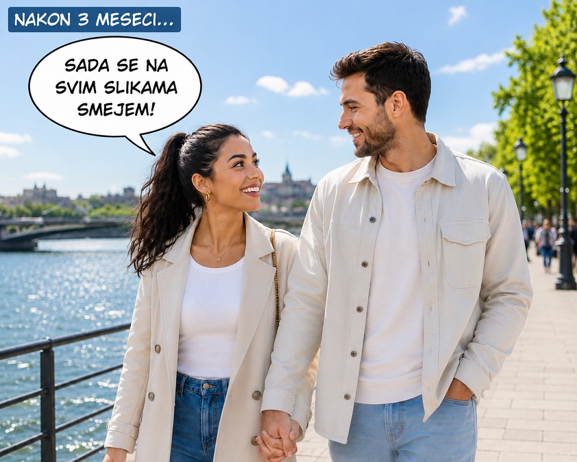 Muskarac i devjka setaju promenadom ona kaze sada se konacno smejem na slikama