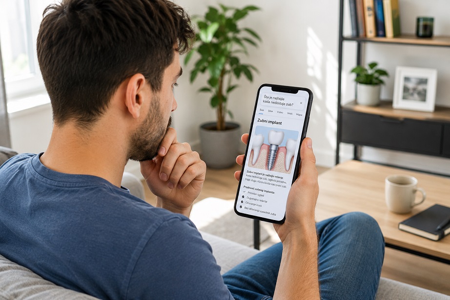 Muskarac na telefonu cita o zubnim implantima sedi u sobi a slikan je od iza malo iz profila