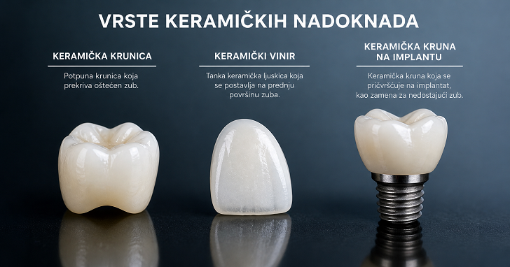 Prikaz keramicke krune, keramickog vinira i keramicke krune na implantu