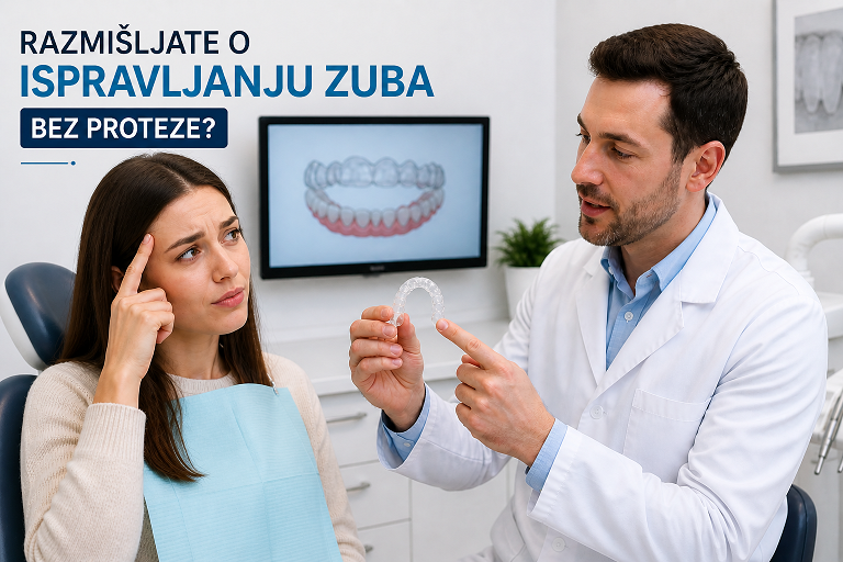 Doktor pokazuje foliju za ispravljanje pacijent drzi prst na celu iznad je natpis razmisljate o ispravljanju zuba bez proteze