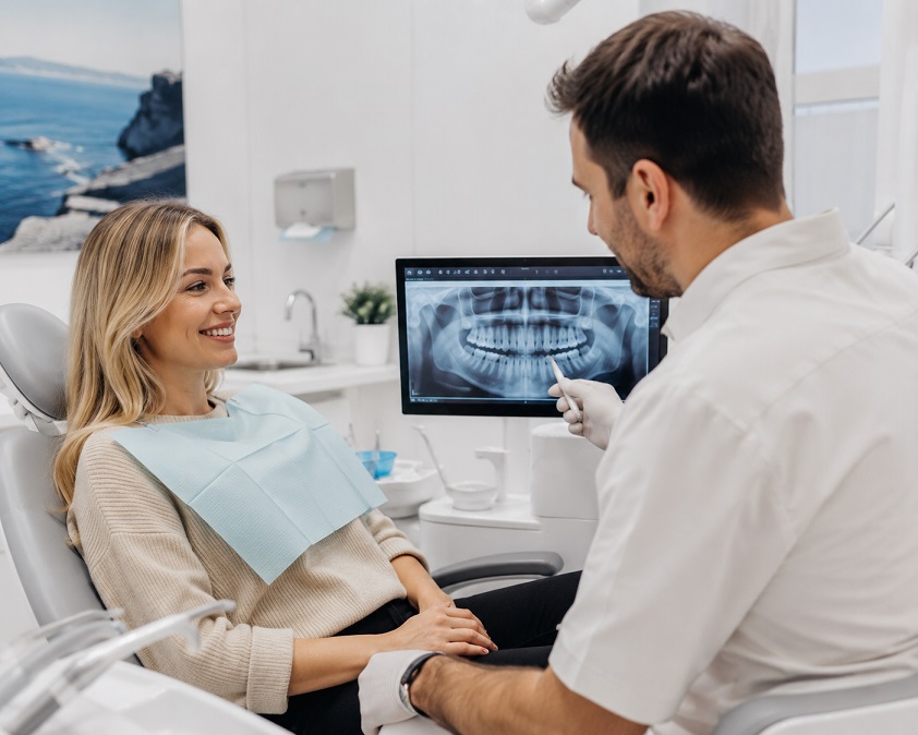 Stomatolog razgovara sa devojkom plave kose i pokazuje na snimak