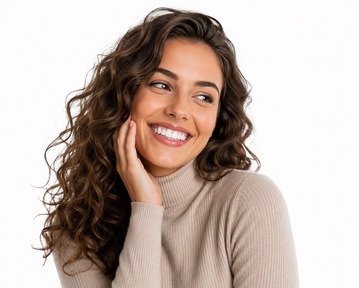 glad-pretty-woman-with-curly-hair-keeps-hand-cheek-looks-away-smiles-happily-wears-casual-poloneck-being-good-mood-isolated-white-background-people-positive-emotions-concept