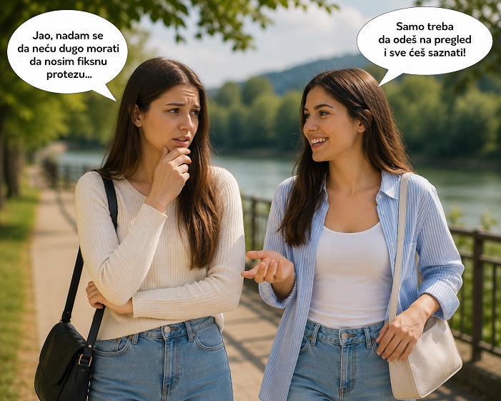 Devojke u razgovoru setaju rekom, jedna se nada da neće dugo a nosi fiksnu protezu, druga joj savetuje da ode na pregled