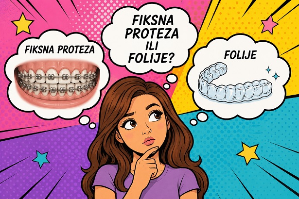Strip slika, devojka razmislja o fiksnoj protezi ili folijama